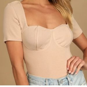 Can't Be Missed Beige Ribbed Bustier Short Sleeve Top
